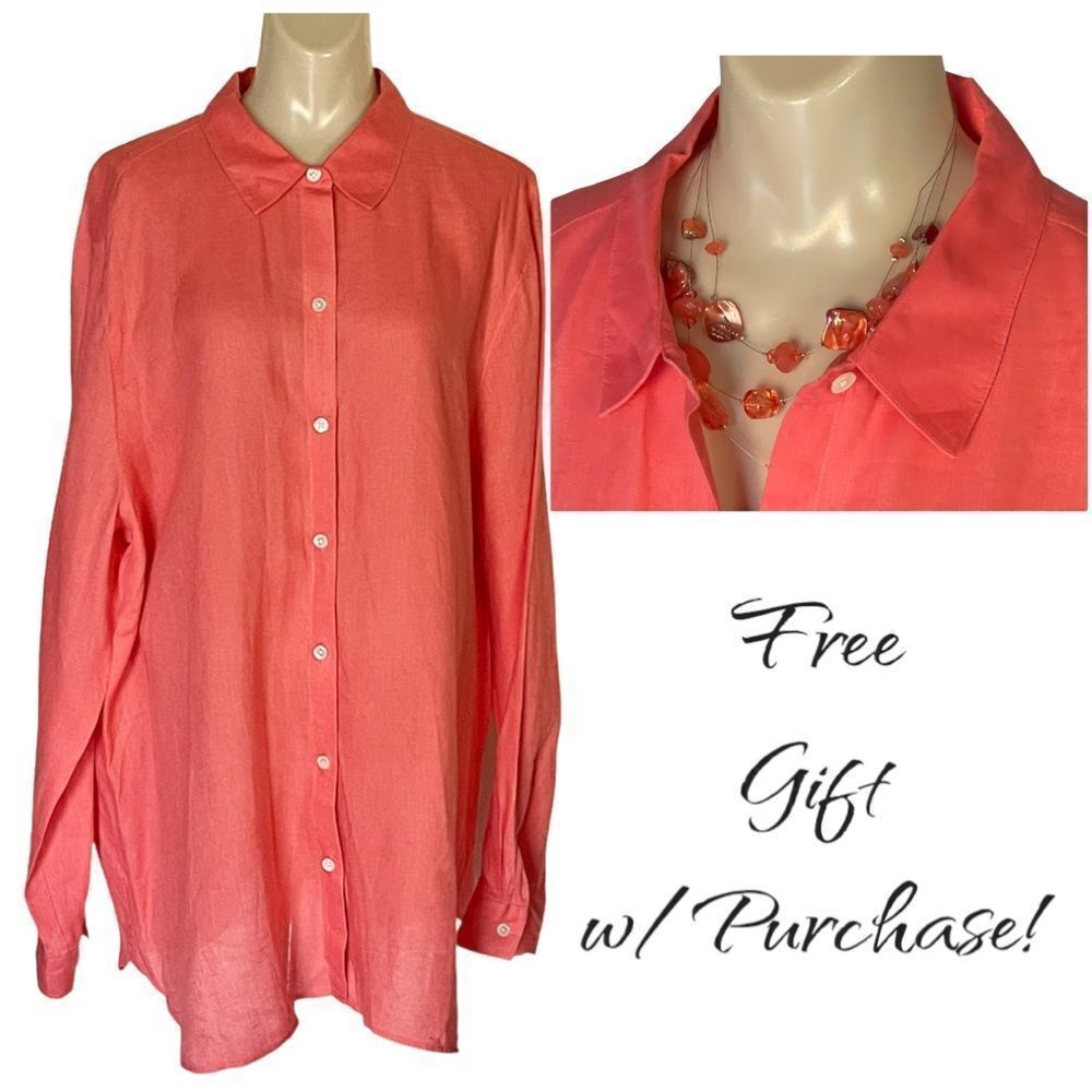 J.Jill Love Linen Coral Button Up Long Sleeve Blouse TALL Gift With Purchase